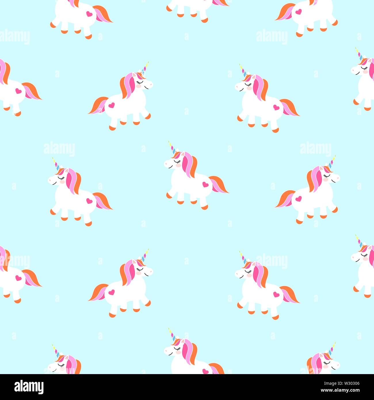 Carino unicorns blu cielo seamless pattern. Fairytale pony caratteri bambino vettore di luce sullo sfondo. Illustrazione Vettoriale