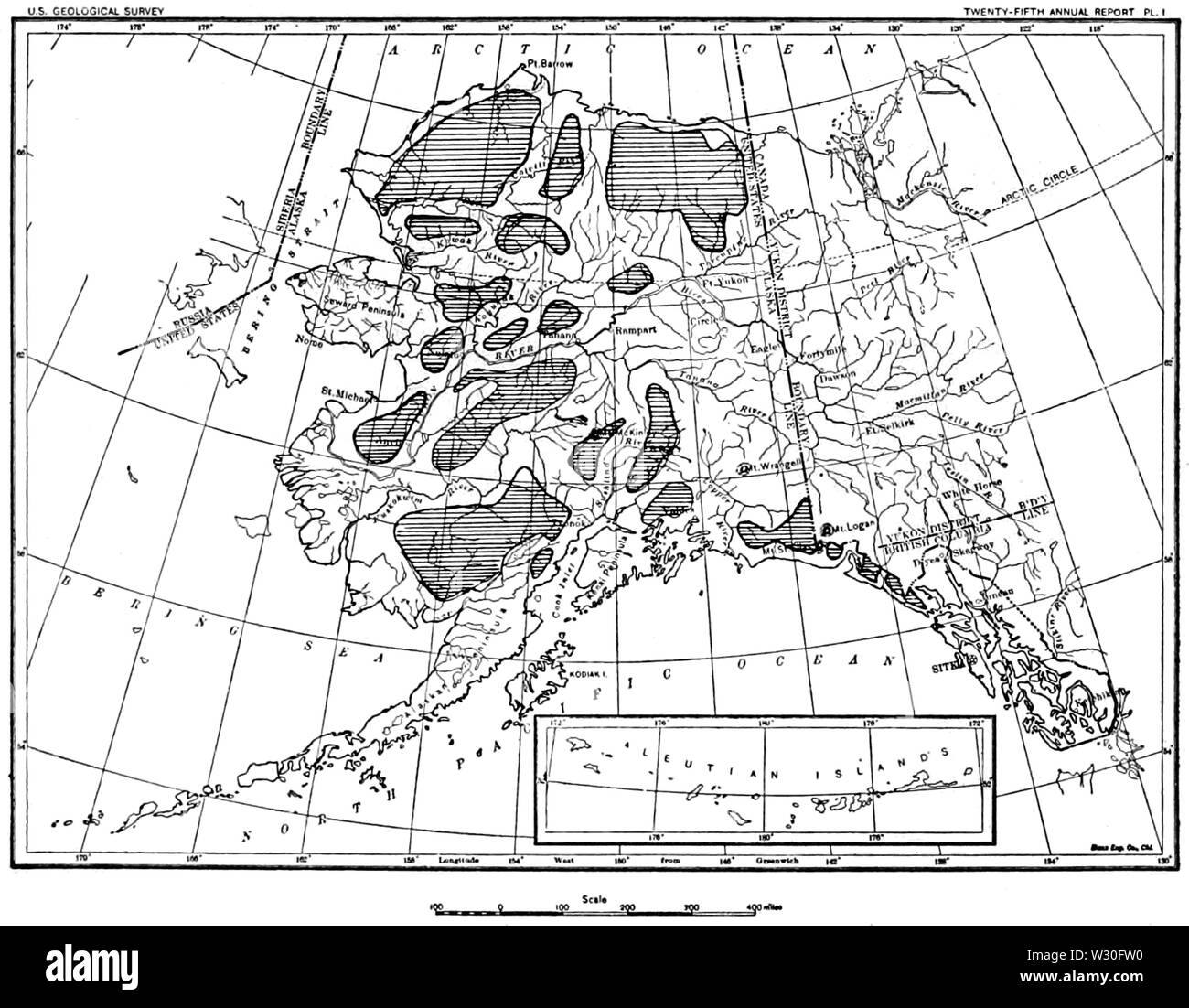 PSM V68 D056 Mappa di alaska che mostra le aree inesplorate nel 1905 Foto Stock