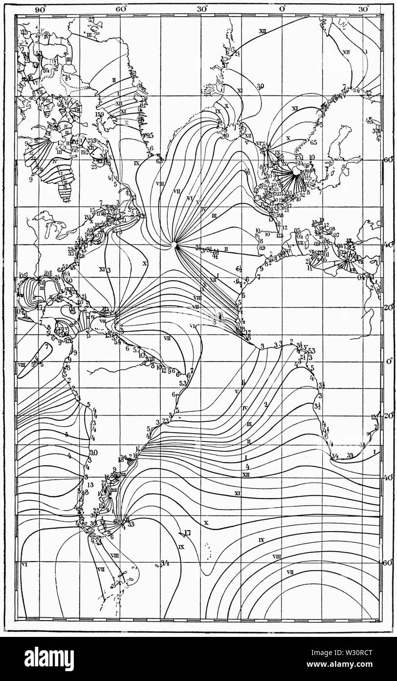 PSM V74 D537 Cotidal linee dell'oceano atlantico Foto Stock