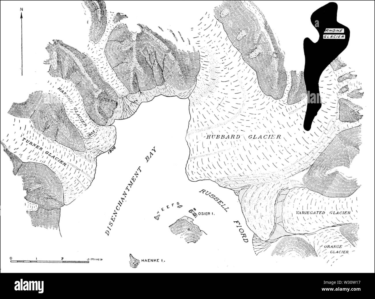 PSM V76 D309 Mappa di confronto del ghiacciaio Hubbard elvetica e il ghiacciaio del Rodano Foto Stock
