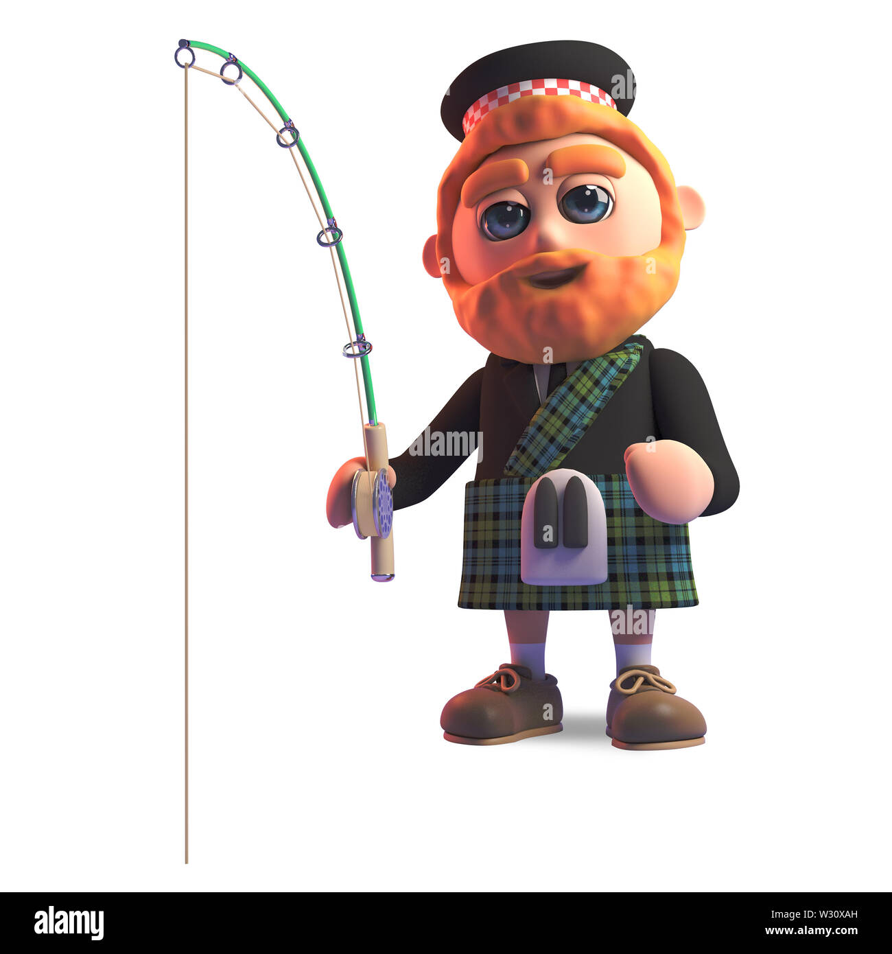 Rilassato uomo scozzese in kilt tradizionali di pesca, 3D render illustrazione Foto Stock