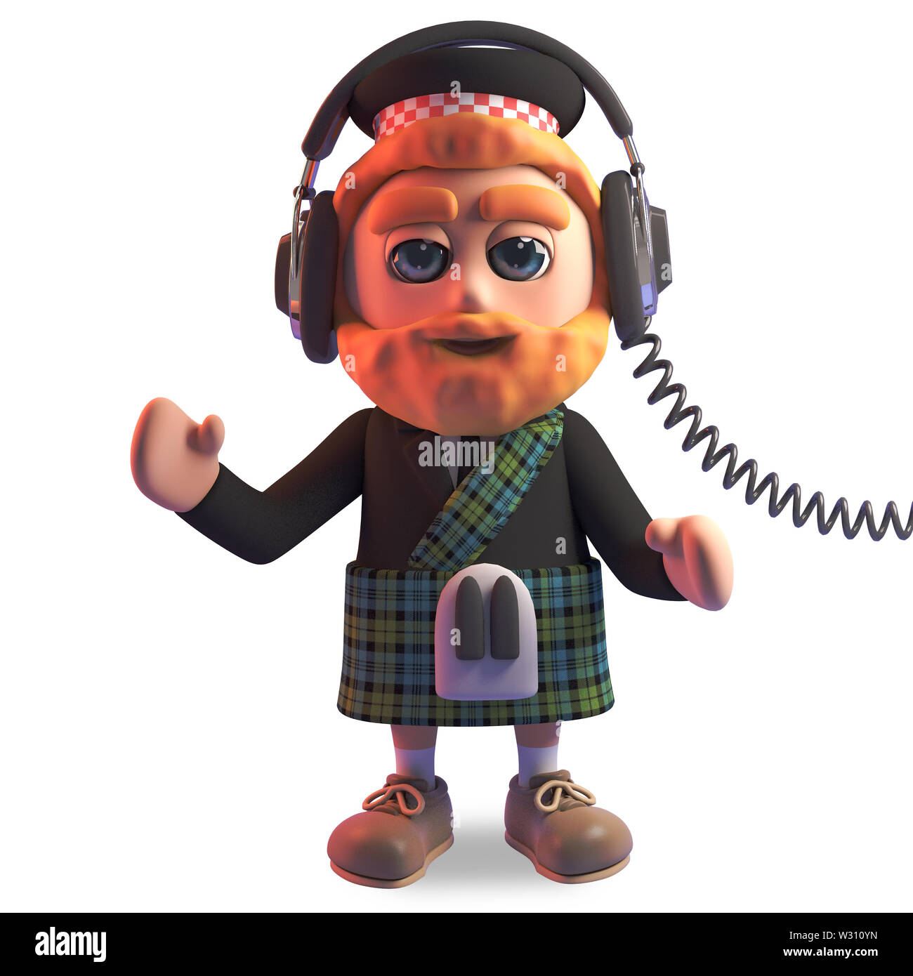 Rilassato uomo scozzese in kilt tradizionale ascolta musica sul suo cuffie, 3D render illustrazione Foto Stock