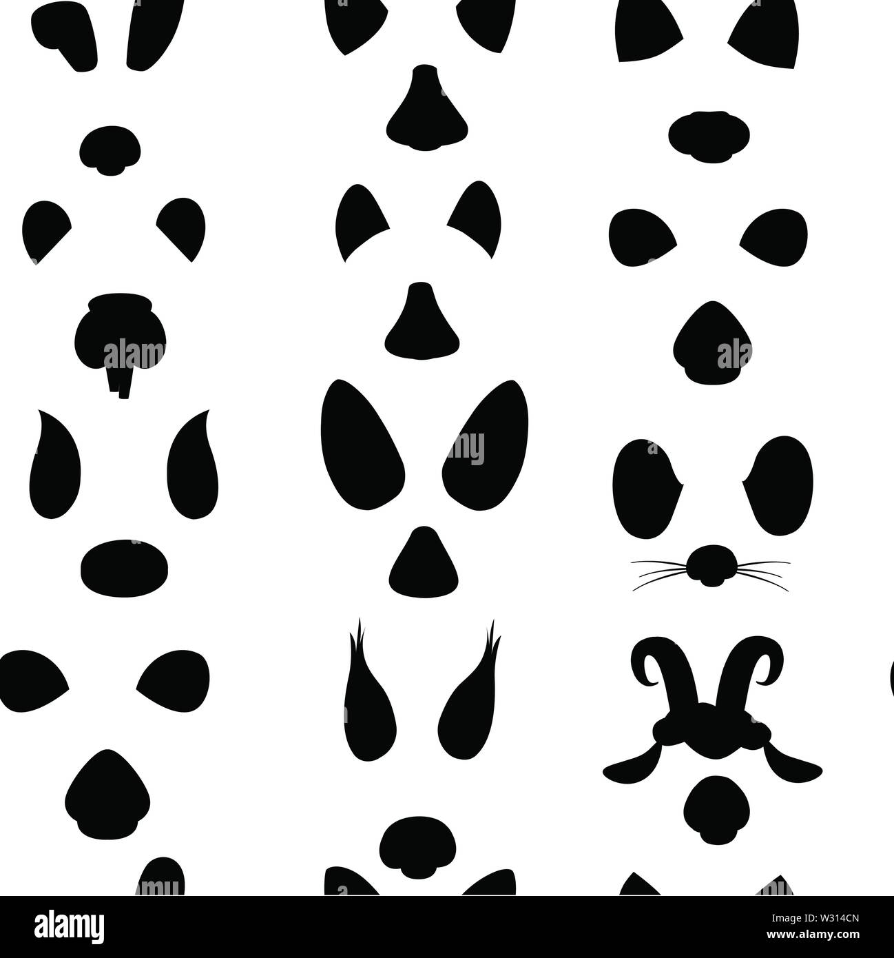 Seamless pattern silhouette nera faccia animale elementi di cartoon design piatto orecchie e nasi illustrazione vettoriale isolati su sfondo bianco. Illustrazione Vettoriale