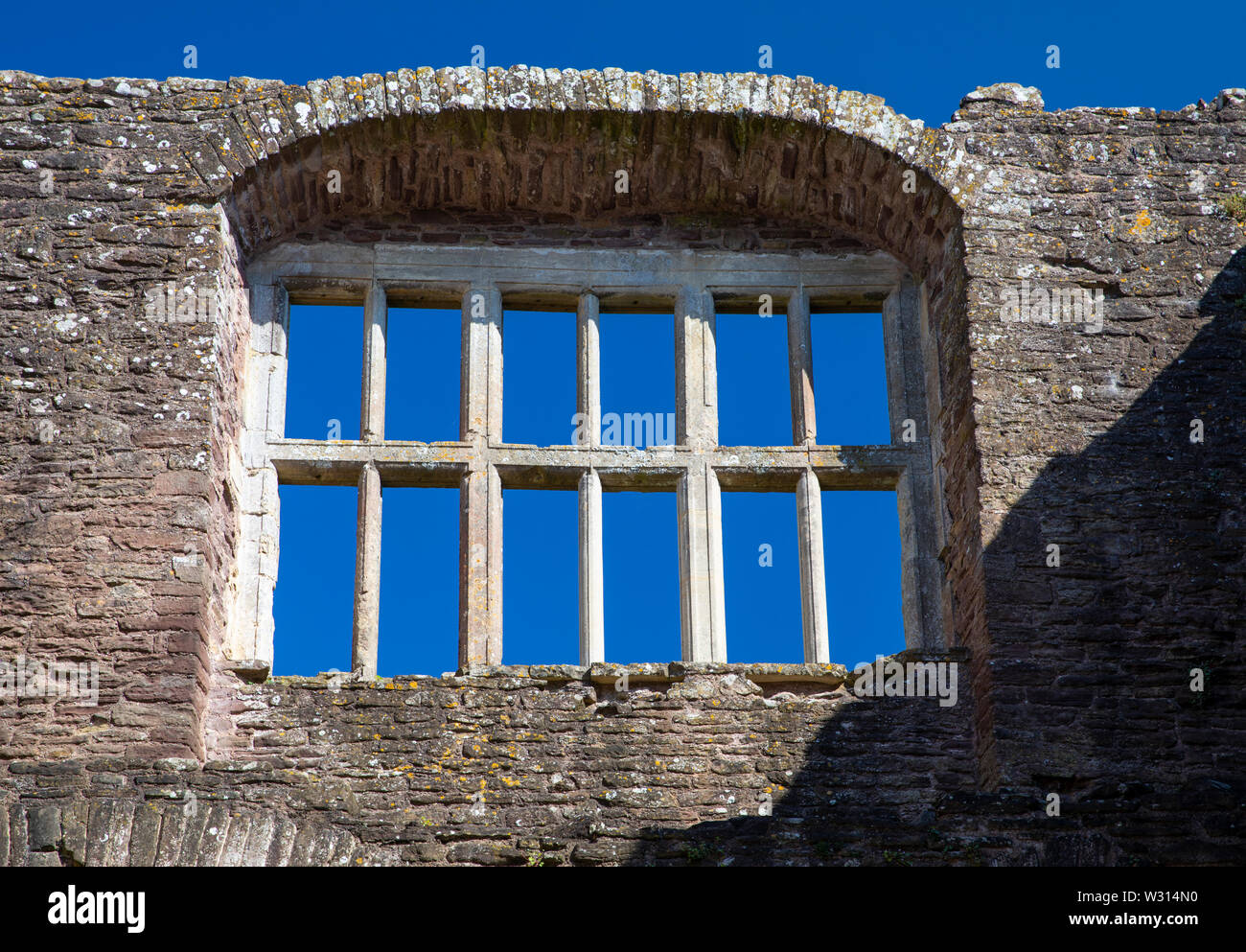 Ben conservato finestra sopra la burrosa a Raglan Castle, Monmouthshire, Wales, Regno Unito Foto Stock