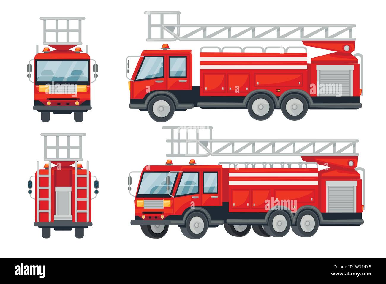 Design Cartoon fire truck automobili piatto illustrazione vettoriale isolati su sfondo bianco. Illustrazione Vettoriale