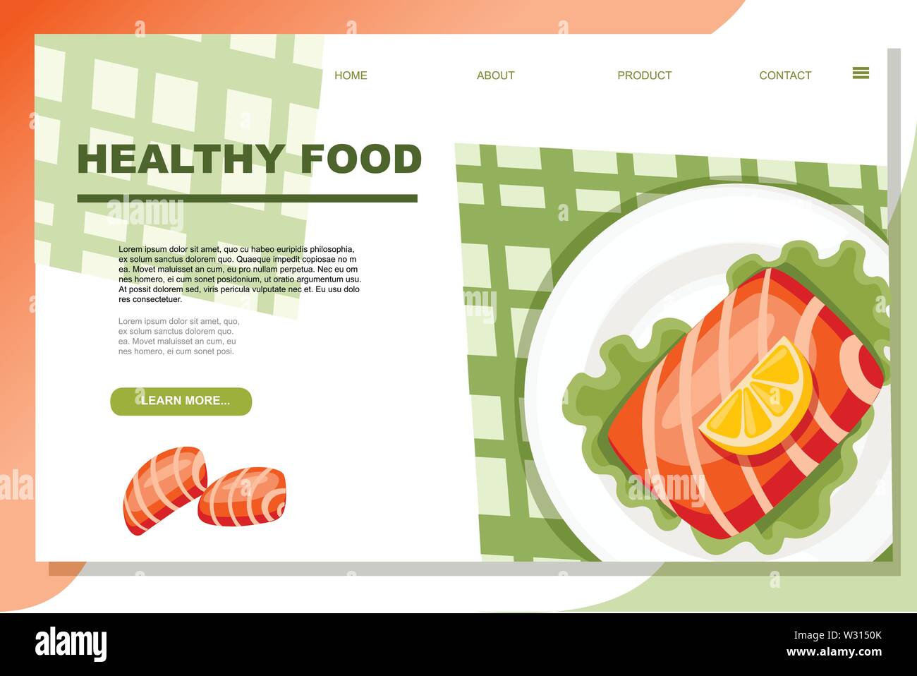 Raw bistecca di salmone sulla piastra con insalata e pezzo di limone cibo sano di pubblicità banner piatta illustrazione vettoriale. Illustrazione Vettoriale
