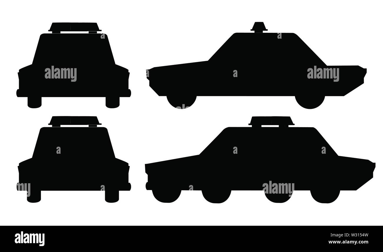 Silhouette nera design cartoon auto della polizia piatto illustrazione vettoriale isolati su sfondo bianco. Illustrazione Vettoriale