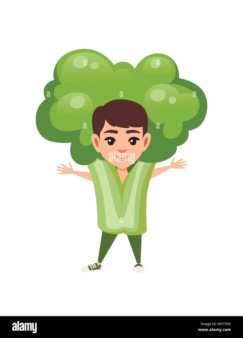 Boy kid verde che indossano il costume di broccoli cartoon character design piatto illustrazione vettore isolato su sfondo bianco. Illustrazione Vettoriale