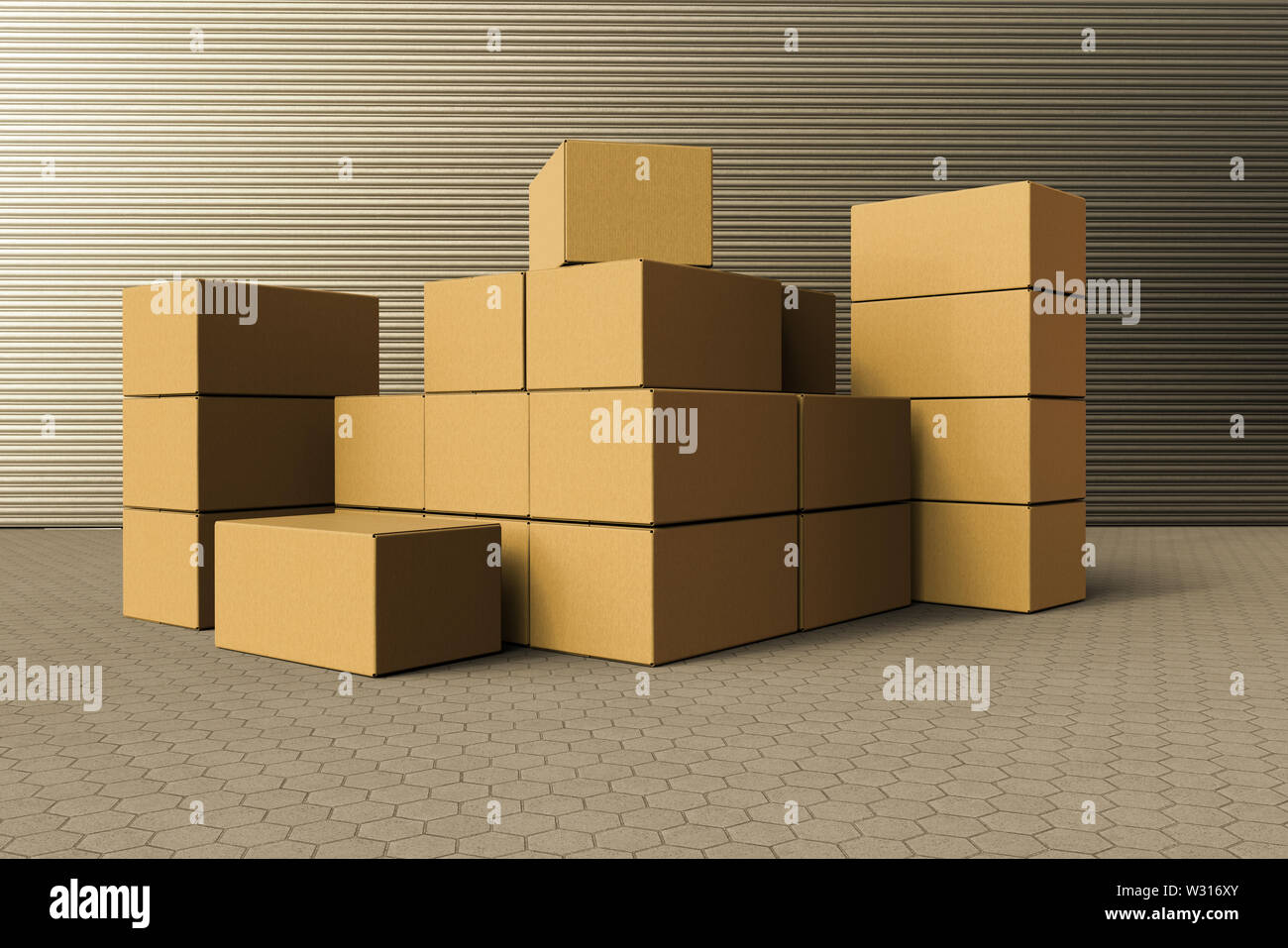 3D rendering di una pila di scatole di cartone al di fuori di un magazzino Foto Stock