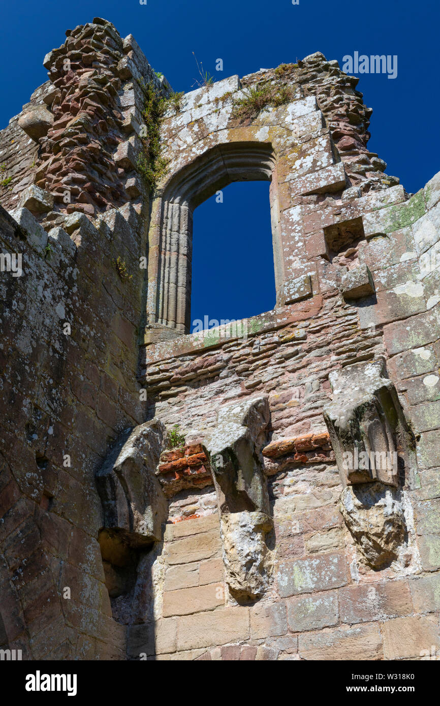 Ben conservato finestra accanto alla Porta Sud a Raglan Castle, Monmouthshire, Wales, Regno Unito Foto Stock