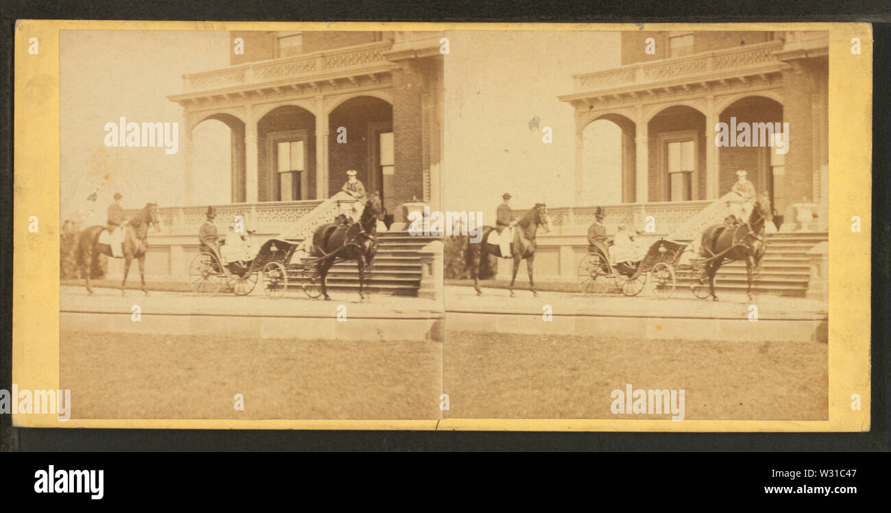 Persone in pullman con African American cocchiere, davanti la casa, da Robert N Dennis raccolta di vista stereoscopica Foto Stock