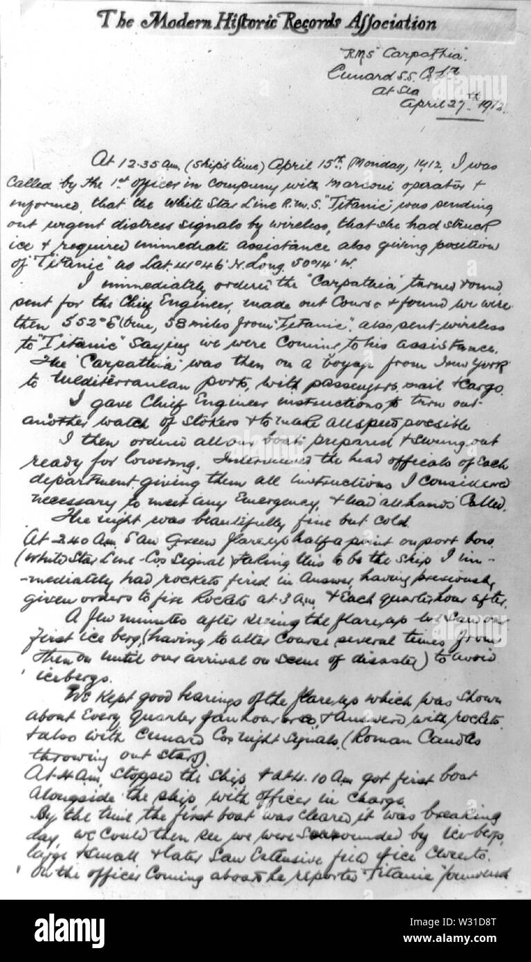 Fotocopia delle scritte a mano per conto del capitano di RMS CARPATHIA descrivendo la sua risposta al segnale di emergenza del Titanic il 15 aprile 1912 Foto Stock