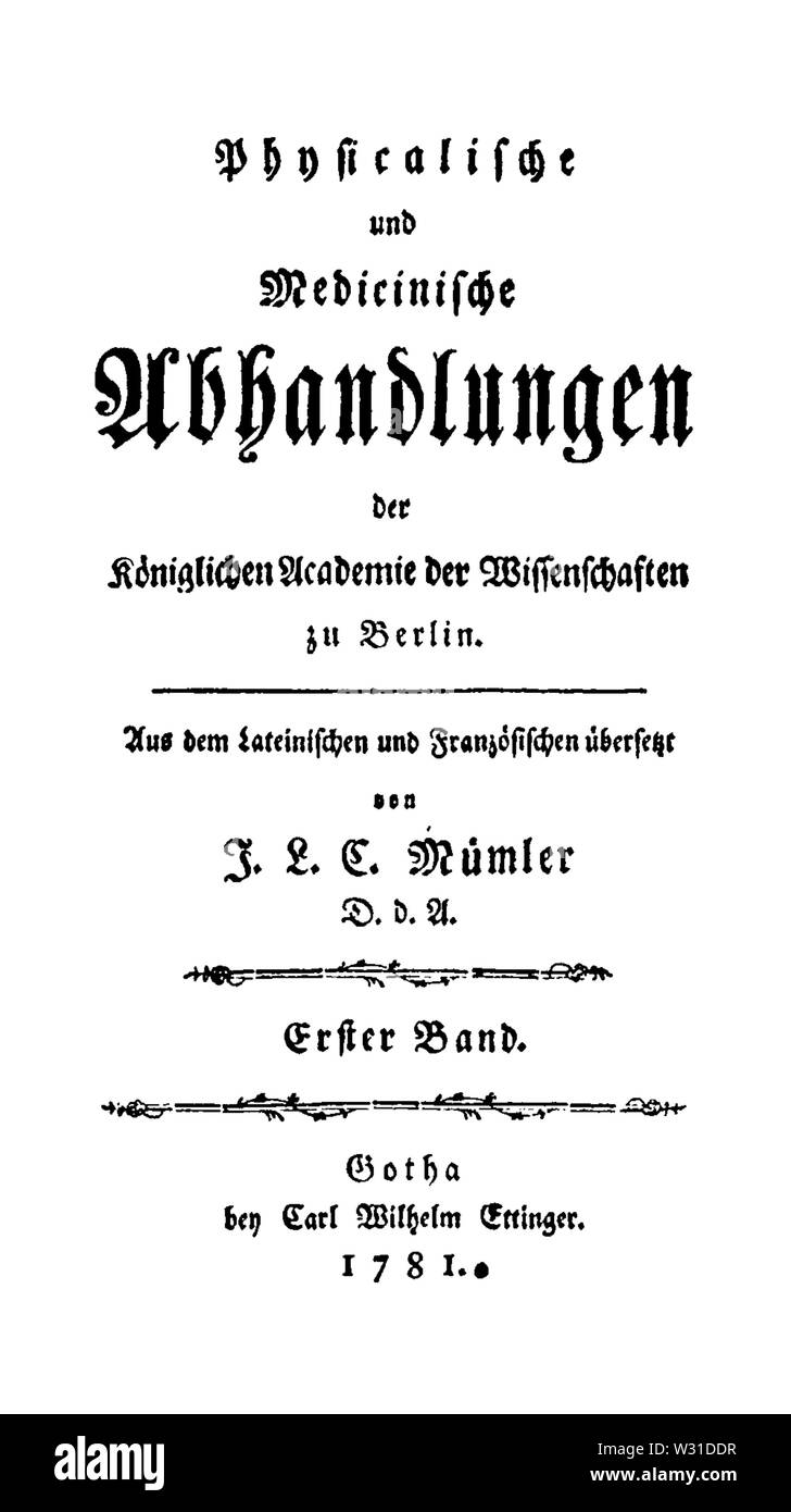 Physikalische und medicinische Abhandlungen 1781 Titel Foto Stock