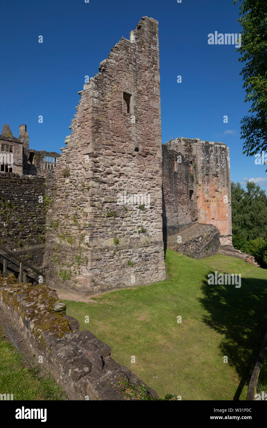 Le rovine di una ala di Office e cucina da torre a Raglan Castle, Monmouthshire, Wales, Regno Unito Foto Stock