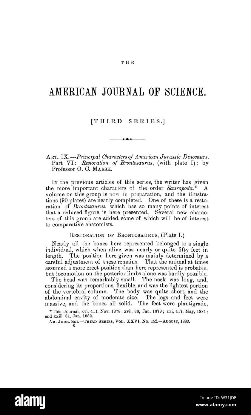 Personaggi principali di American Jurassic dinosauri; parte VI, Restauro di Brontosaurus Pagina 1 Foto Stock
