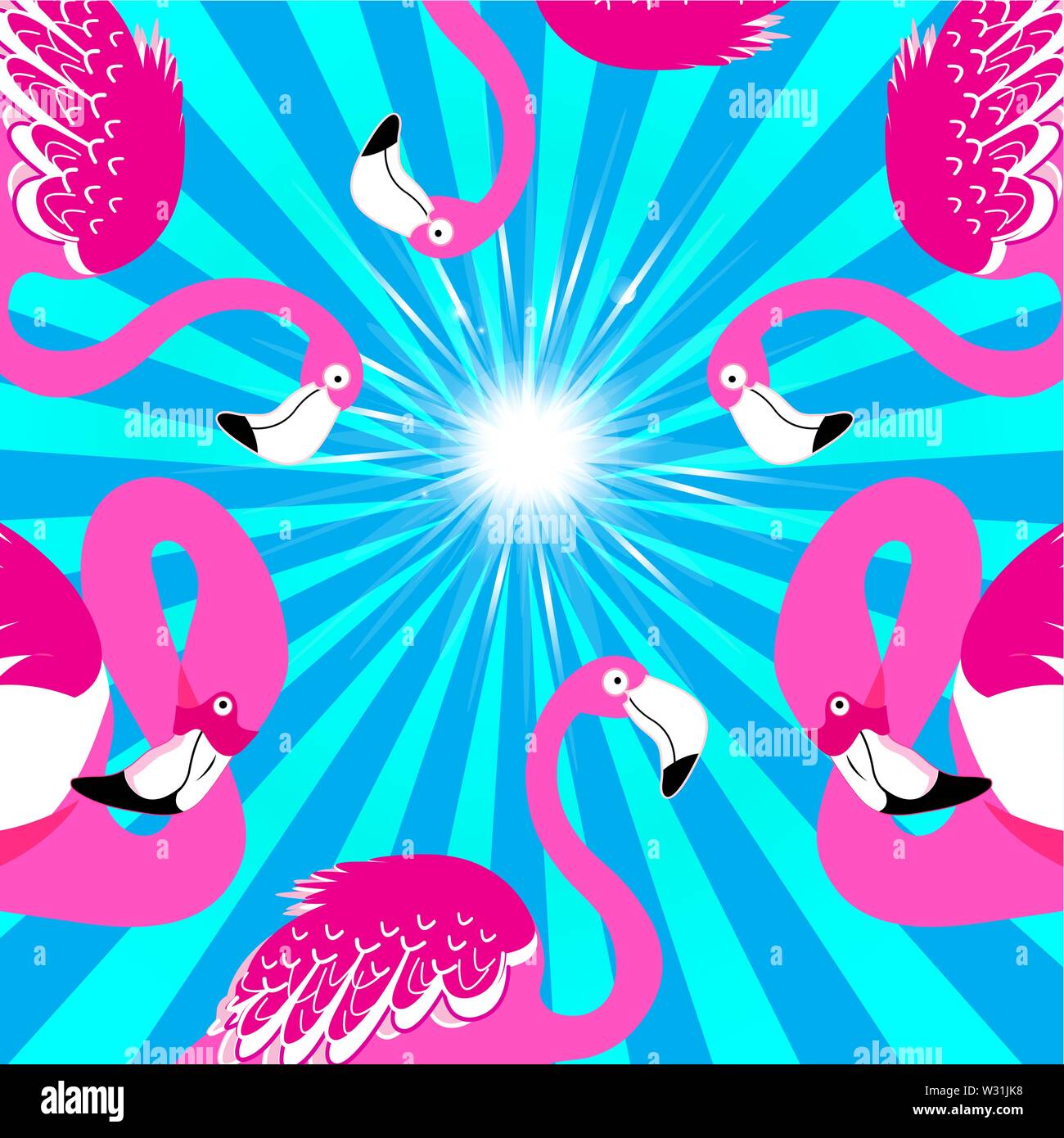 Bella rosa fenicottero ritratti vettoriali su sfondo blu Illustrazione Vettoriale