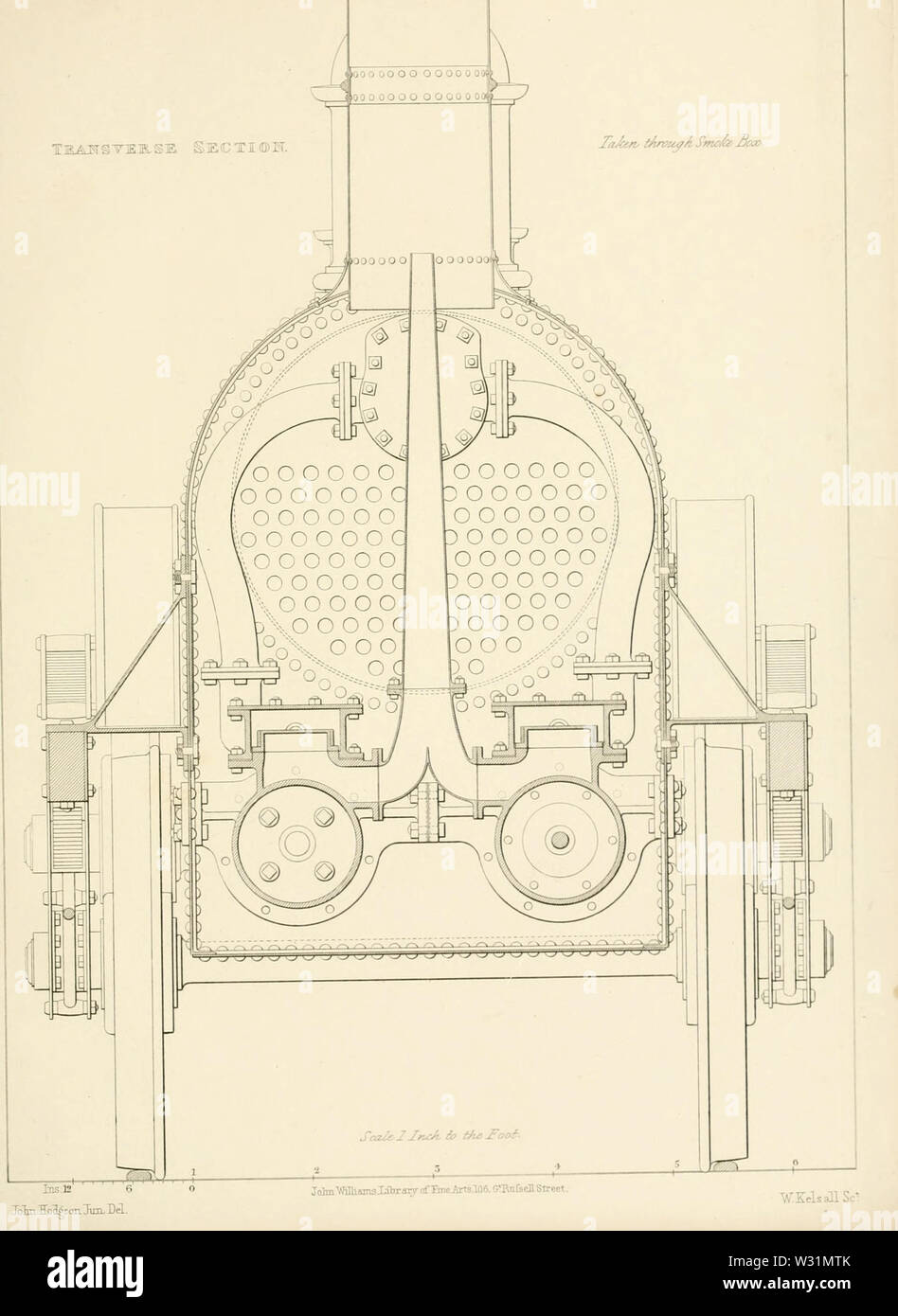 R e W Biancospino 2-2-2 locomotiva n. 224 di Parigi e di Versailles 1838 ferroviaria vista in elevazione frontale sezionata attraverso smokebox Foto Stock