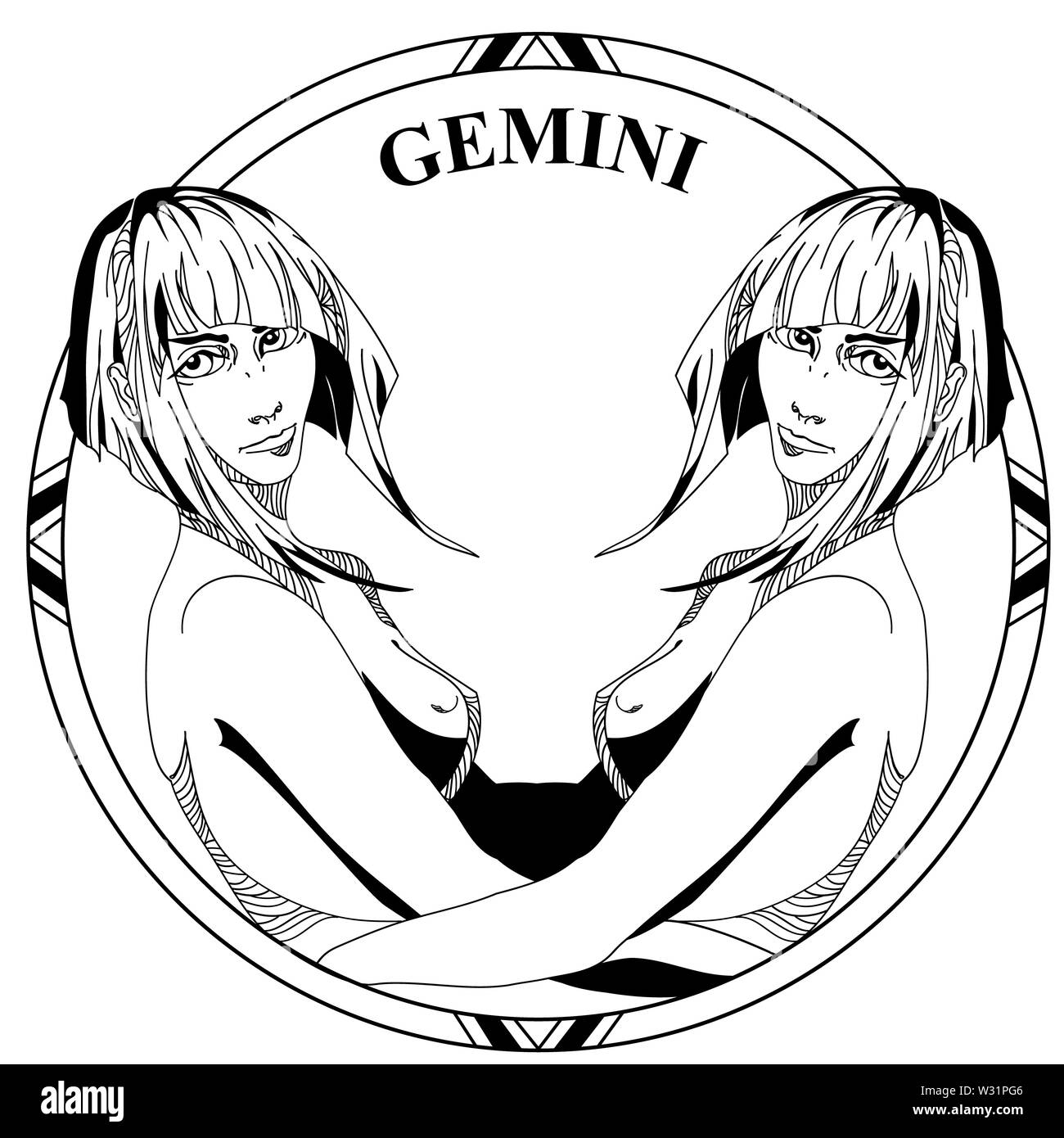 Illustrazione Vettoriale di segno dello zodiaco Gemini. Ragazze doppia faccia con taglio di capelli in cornice rotonda. Line art. Illustrazione di colorazione. Foto Stock