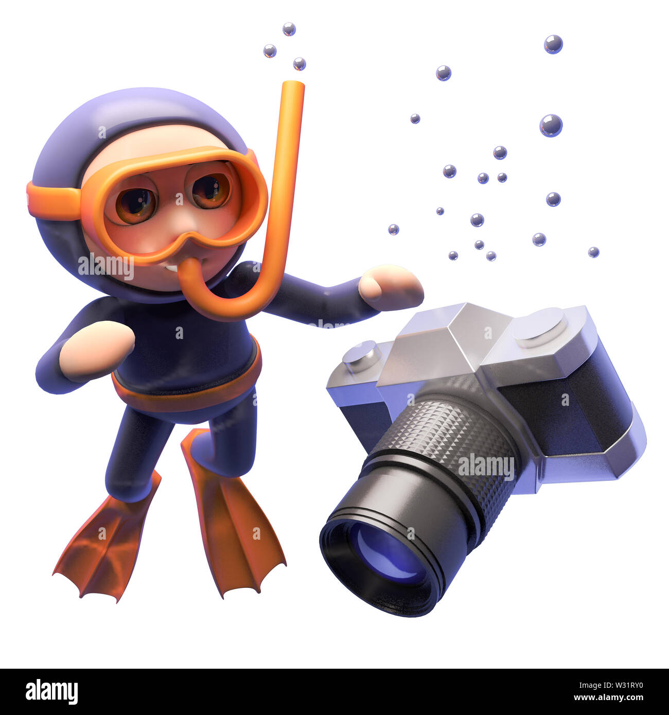 Telecamera cinematografica affonda nell'oceano come confusa snorkel diver orologi, 3D render illustrazione Foto Stock