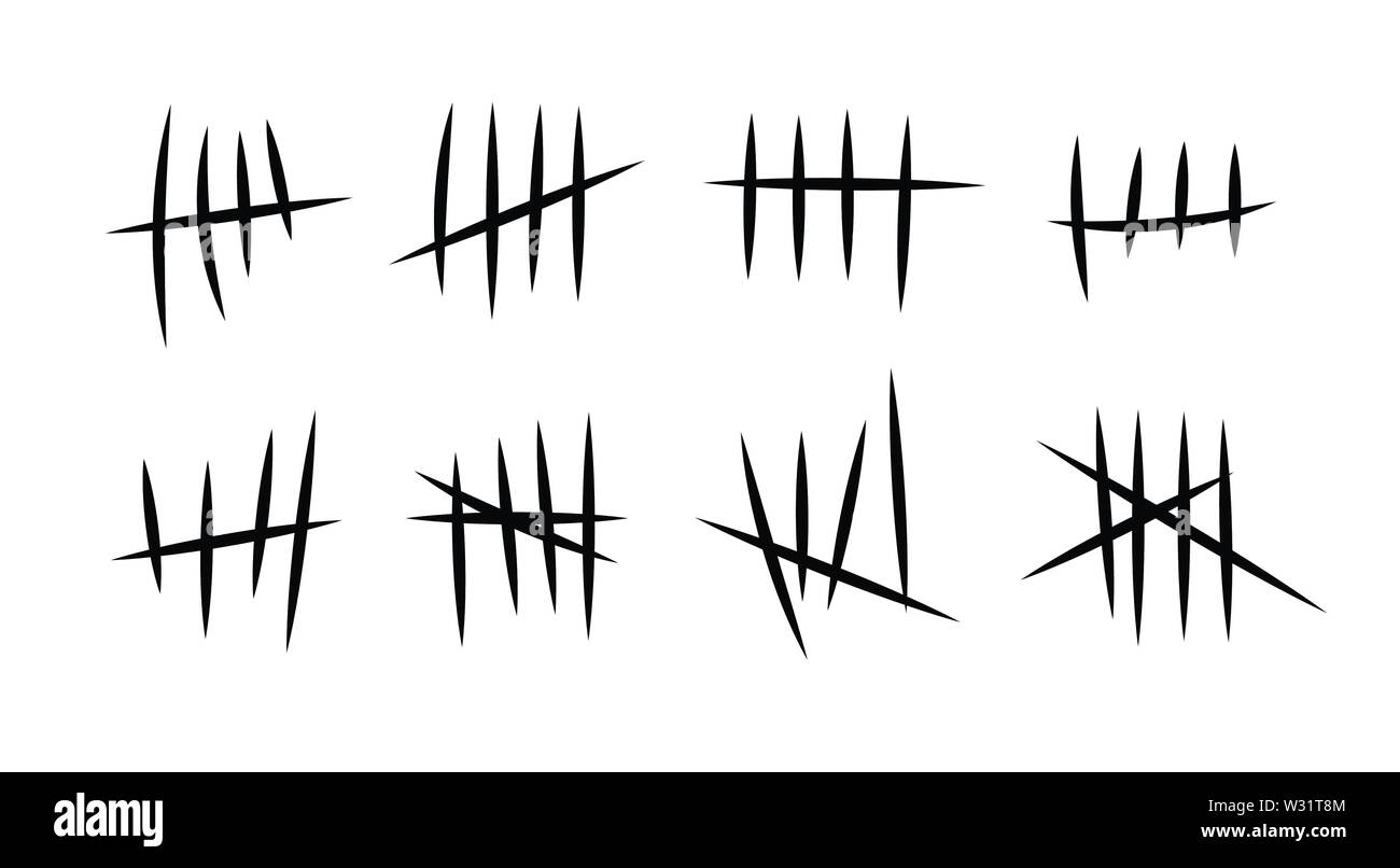 Simboli della prigione, carcere marchi tally. Mano Le linee tracciate o bastoni, corse ordinati per quattro e barrato. Illustrazione Vettoriale. Illustrazione Vettoriale