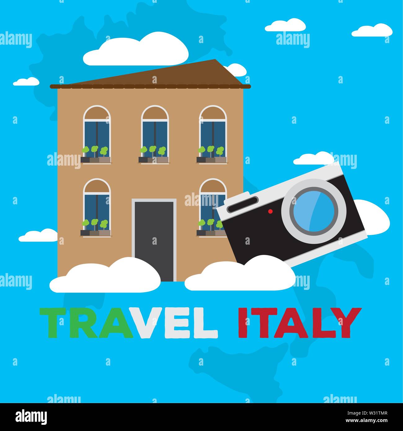 Colorato palazzo vecchio con una telecamera. Viaggiare in Italia - Vettore Illustrazione Vettoriale