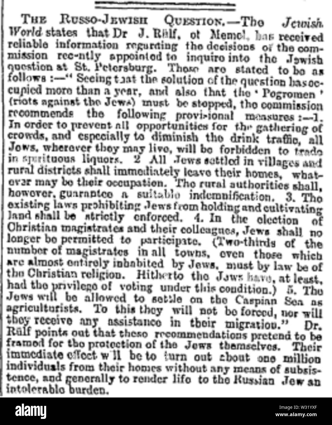 Pogromen russo, tempi, Mar 17, 1882 Foto Stock