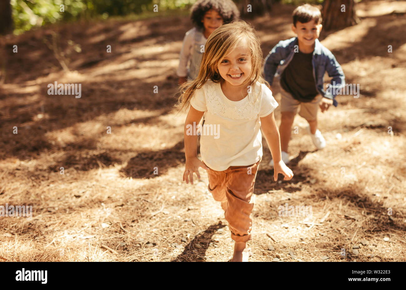 Ragazza carina in esecuzione su per la collina in un parco con gli amici. Un gruppo di ragazzi che giocano insieme nella foresta. Foto Stock