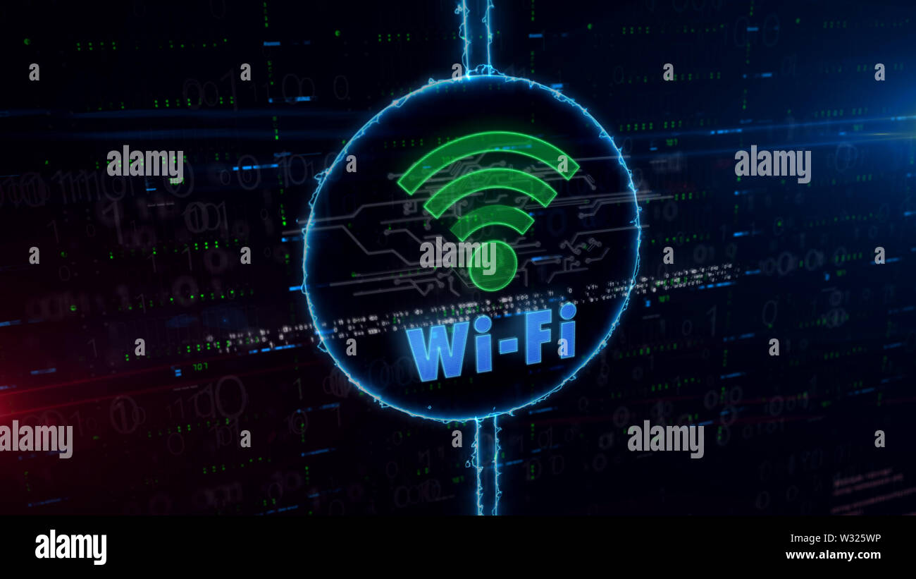 Comunicazione Wifi ologramma di simbolo in elettrico dinamico cerchio sullo sfondo digitale. Un concetto moderno di accesso ad internet free hot spot 3d'illustrazione. Foto Stock