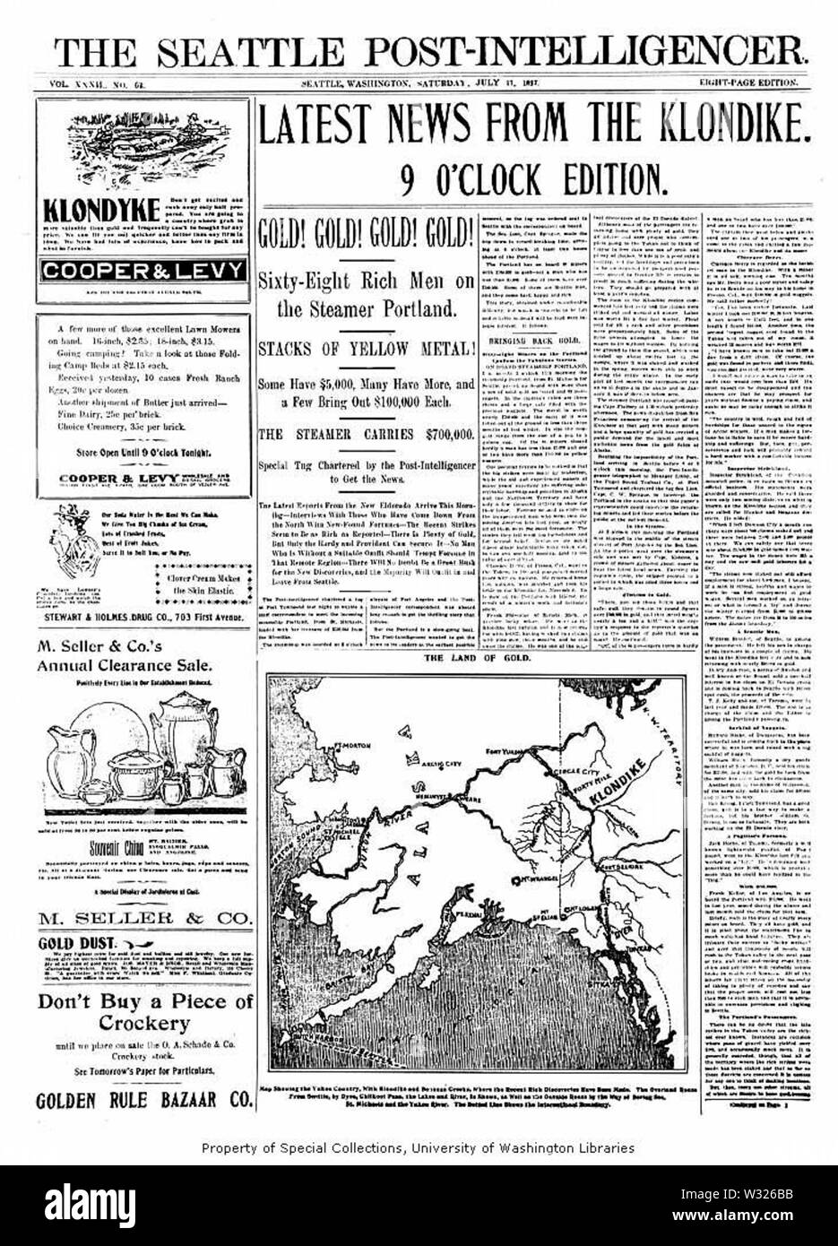 Seattle Post Intelligencer giornale pagina anteriore per Luglio 17 1897 annuncia l arrivo del sistema di cottura a vapore di Portland, a Seattle dal Klondike gold fields Foto Stock