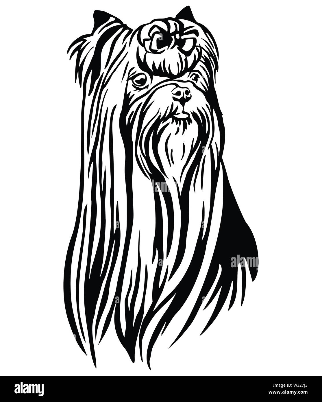 Profilo decorativo ritratto di cane Yorkshire Terrier, illustrazione vettoriale in colore nero isolato su sfondo bianco. Immagine per design e tatuaggio. Illustrazione Vettoriale