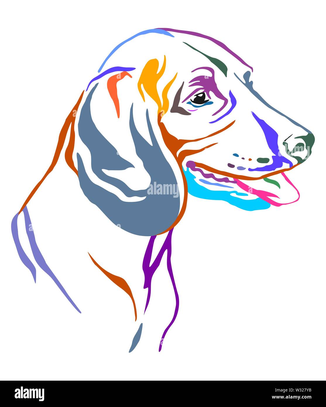 Colorato contorno decorativo ritratto di montagna bavarese hound dog cercando di profilo, illustrazione vettoriale in diversi colori isolato sul retro bianco Illustrazione Vettoriale