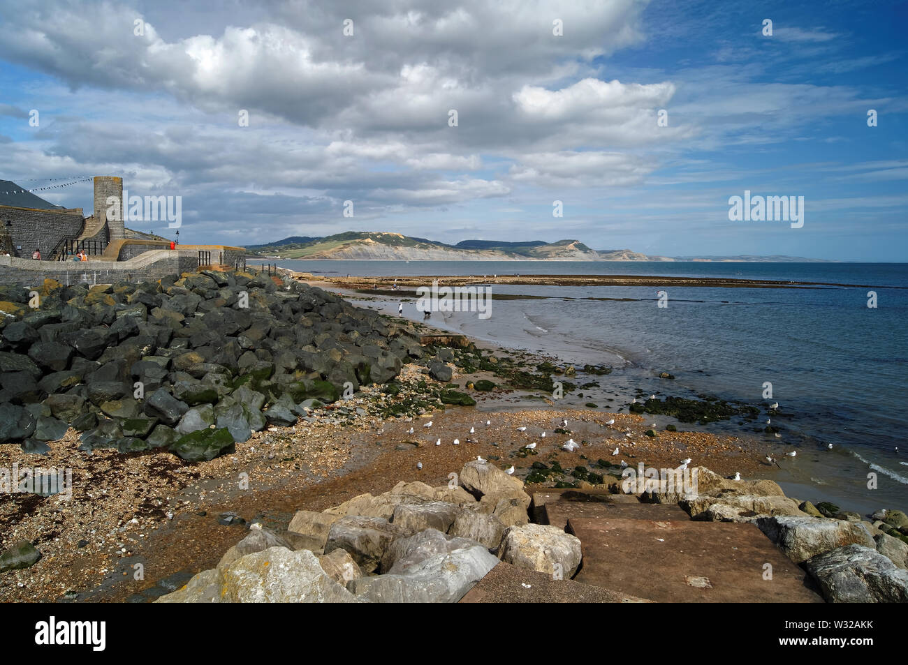 UK,Dorset,Lyme Regis,Gun Cliff Walk & Chiesa Cliff Beach cercando attraverso Lyme Bay verso Golden Cap & Giurassico Litorale Foto Stock