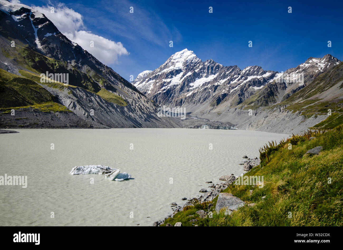 Hooker Lago, Mt. Aoraki (Mt. Cook), Nuova Zelanda Foto Stock