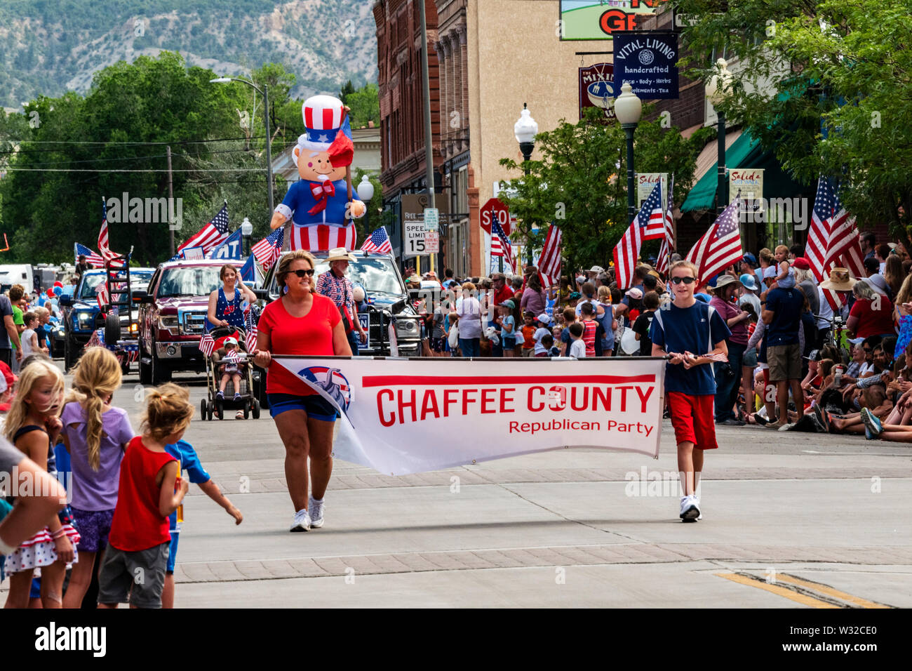 Chaffee County Partito Repubblicano; quarto annuale di luglio sfilata in Colorado piccolo paese di montagna di Salida. Foto Stock