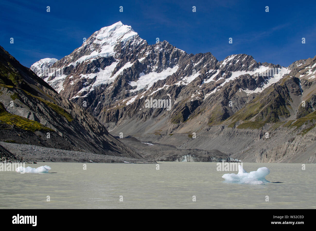 Hooker Lago, Mt. Aoraki (Mt. Cook), Nuova Zelanda Foto Stock