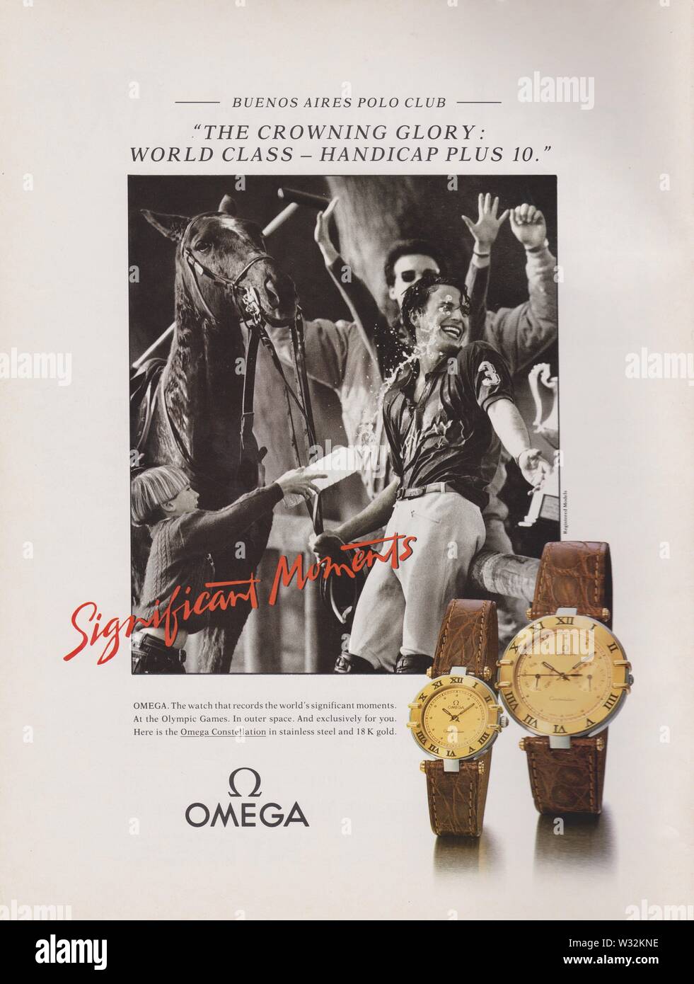 Poster pubblicitari Omega Constellation watch in magazzino dall'anno 1990, momenti significativi slogan pubblicitario, creative OMEGA annuncio da anni novanta Foto Stock