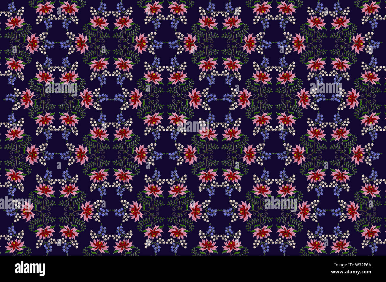 Seamless sfondo blu scuro di stilizzato ricamato grande fiore con rosso e petali di rosa e piccoli blu e bianco fiori sui rami ritorti con Foto Stock