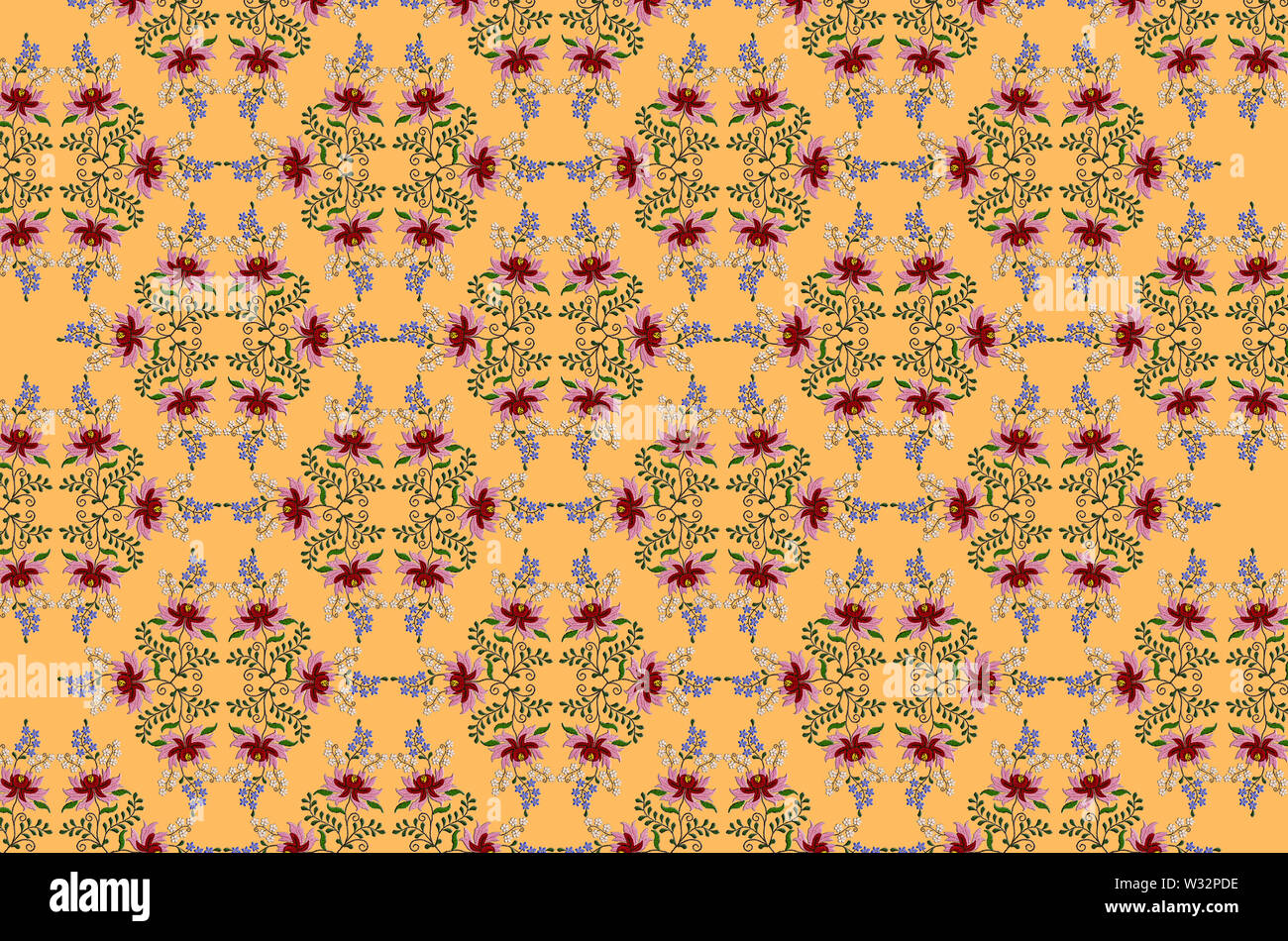 Seamless sfondo giallo di stilizzato ricamato grande fiore con rosso e petali di rosa e piccoli blu e bianco fiori sui rami ritorti con le Foto Stock