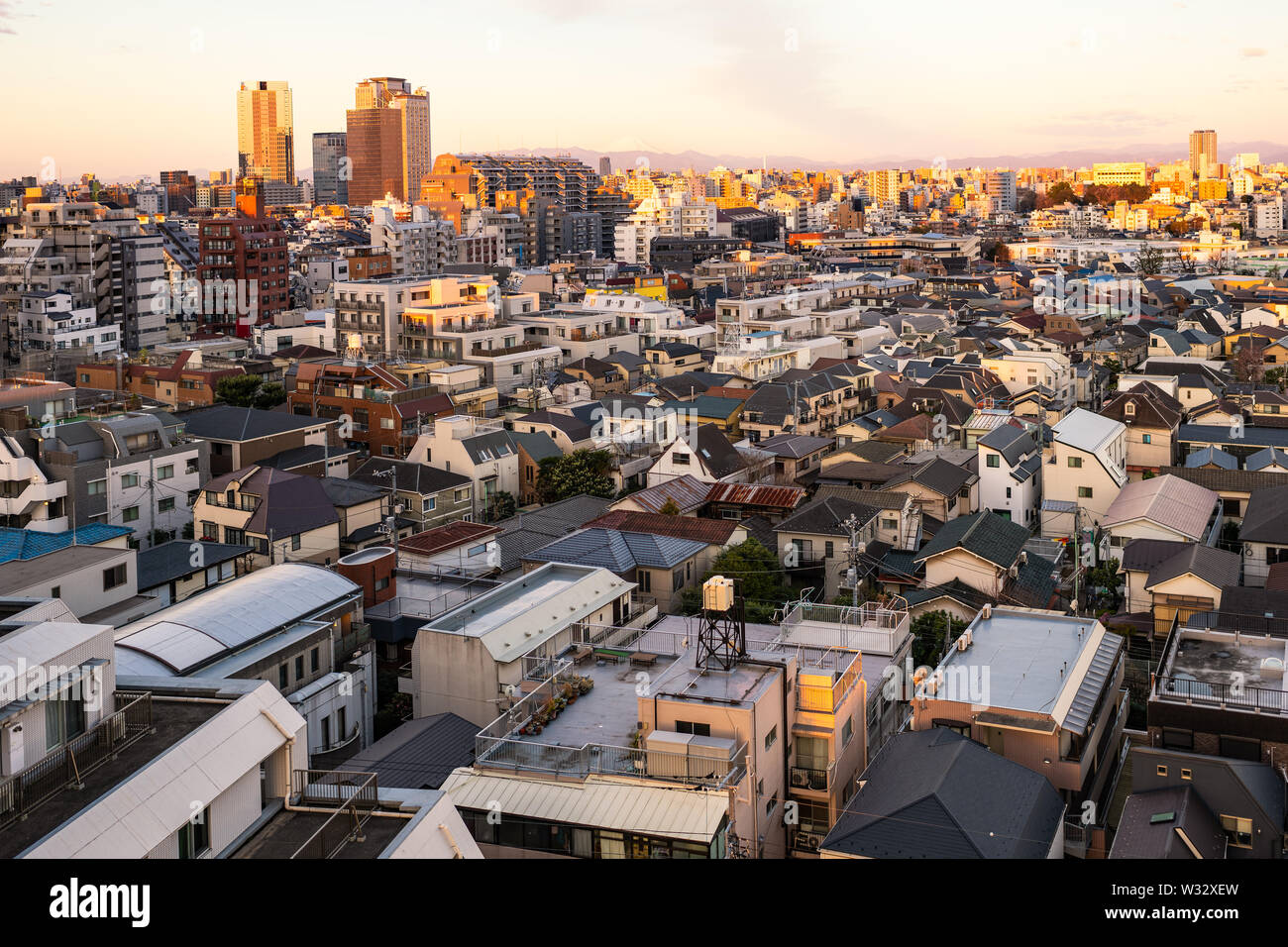 Paesaggio urbano di Shinjuku a Tokyo in Giappone al tramonto con vista del Monte Fuji e golden luce solare con edifici di appartamenti e montagne Foto Stock