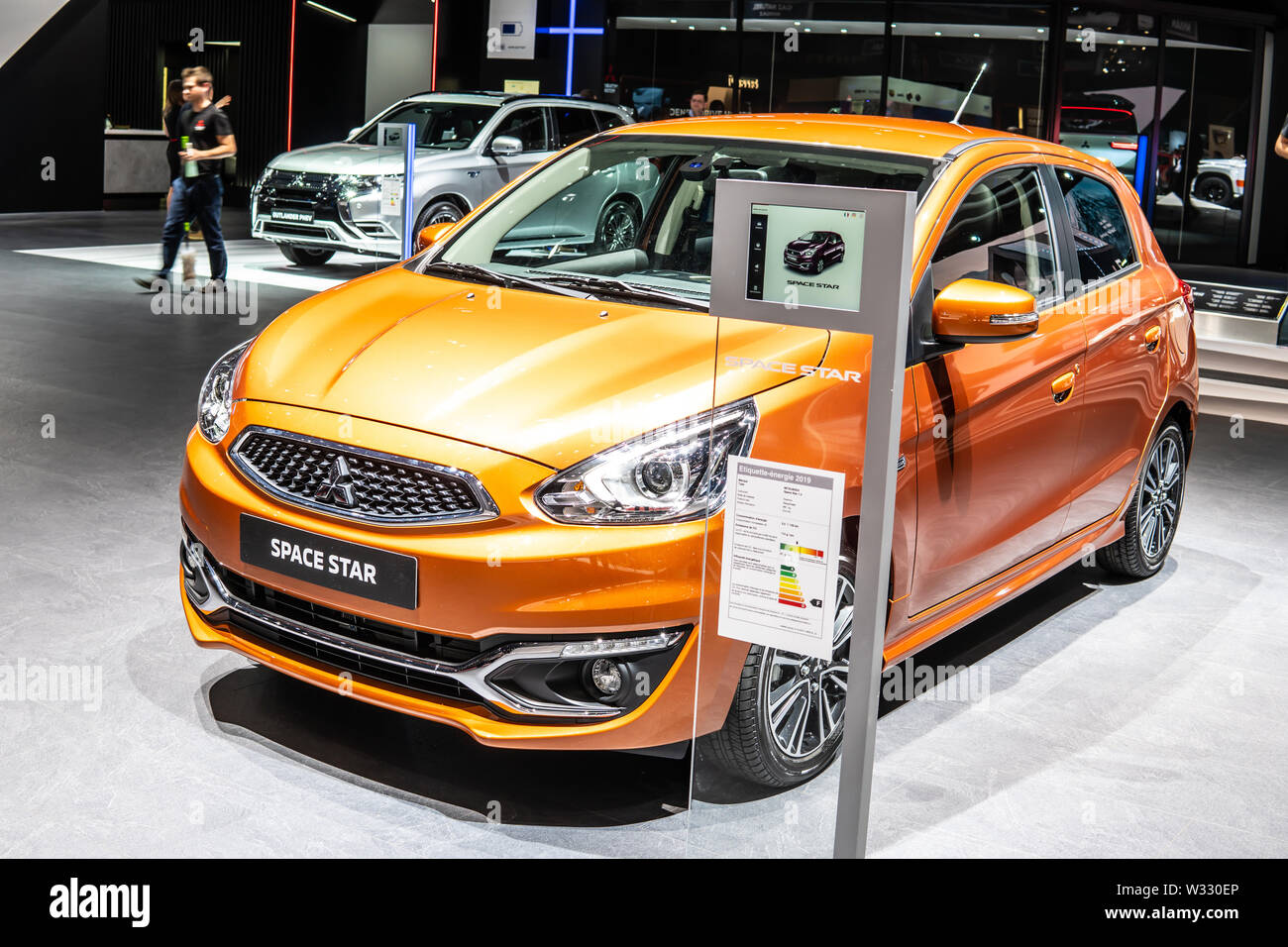 Ginevra, Svizzera, Mar 2019 orange Mitsubishi Space Star ClearTec, Geneva International Motor Show, piccola vettura prodotta dalla giapponese Mitsubishi Motors Foto Stock