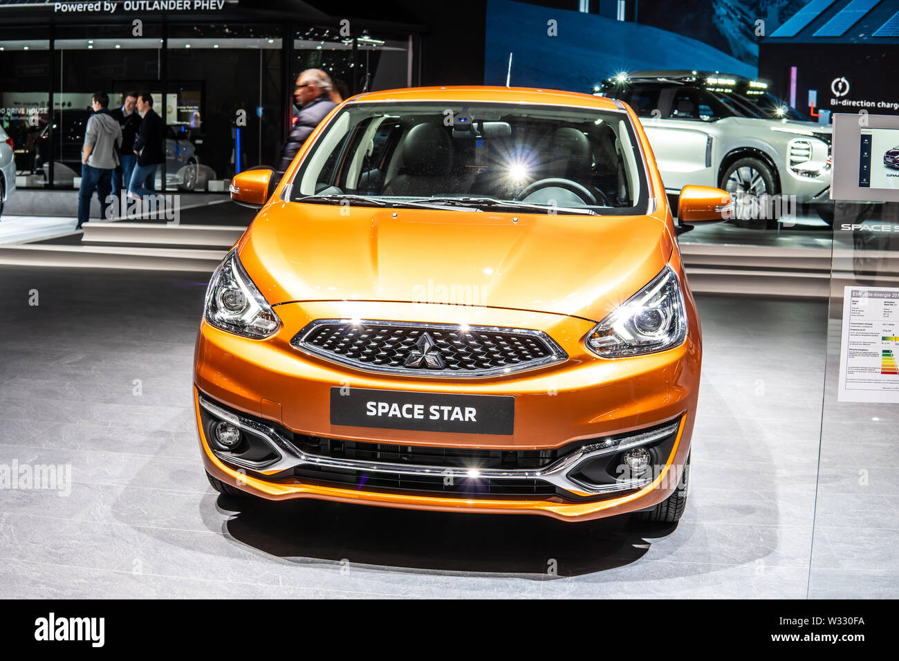 Ginevra, Svizzera, Mar 2019 orange Mitsubishi Space Star ClearTec, Geneva International Motor Show, piccola vettura prodotta dalla giapponese Mitsubishi Motors Foto Stock