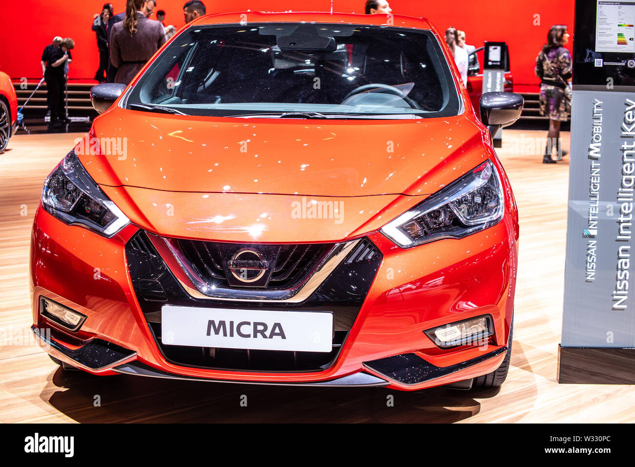 Ginevra marzo 2019 red Nissan Micra V, Geneva International Motor Show, 5 gen, K14, auto compatta prodotta dalla casa automobilistica giapponese Nissan Foto Stock