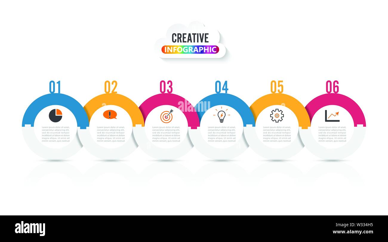 Modello Infografico Timeline orizzontali di colore numerati per sei posizione può essere usata per il flusso di lavoro, banner, diagramma, web design grafico ad area. Illustrazione Vettoriale