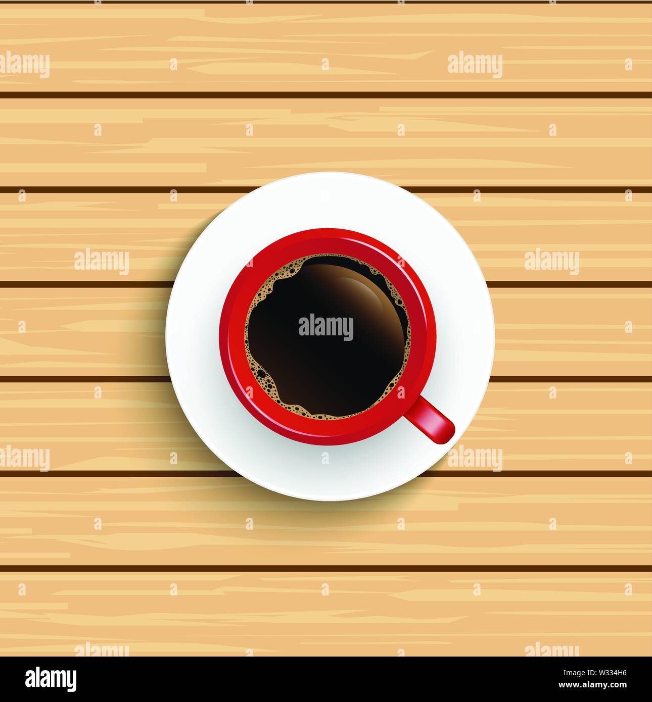 Realistica vista superiore rosso tazza di caffè sul tavolo di legno. Illustrazione Vettoriale