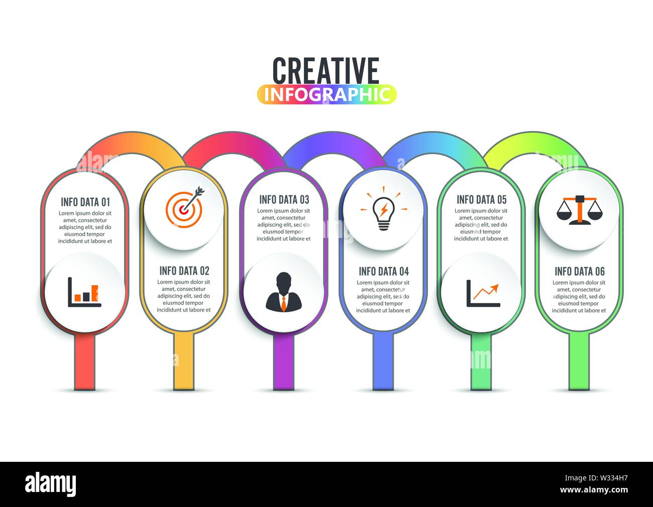 Sei fasi infographics - è in grado di illustrare una strategia, flusso di lavoro o il lavoro di squadra. Illustrazione Vettoriale