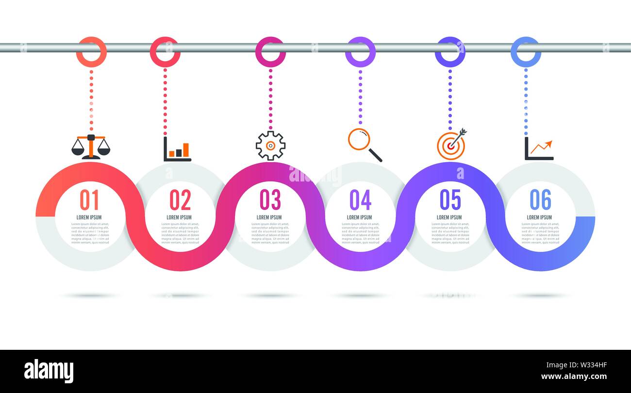 Modello Infografico Timeline orizzontali di colore numerati per sei posizione può essere usata per il flusso di lavoro, banner, diagramma, web design grafico ad area Illustrazione Vettoriale