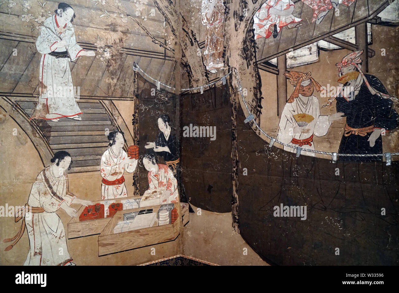 Il divertirsi sotto la fioritura dei ciliegi alberi (dettaglio), da Kano Naganobu, colore su carta, periodo Edo, xvii secolo Foto Stock