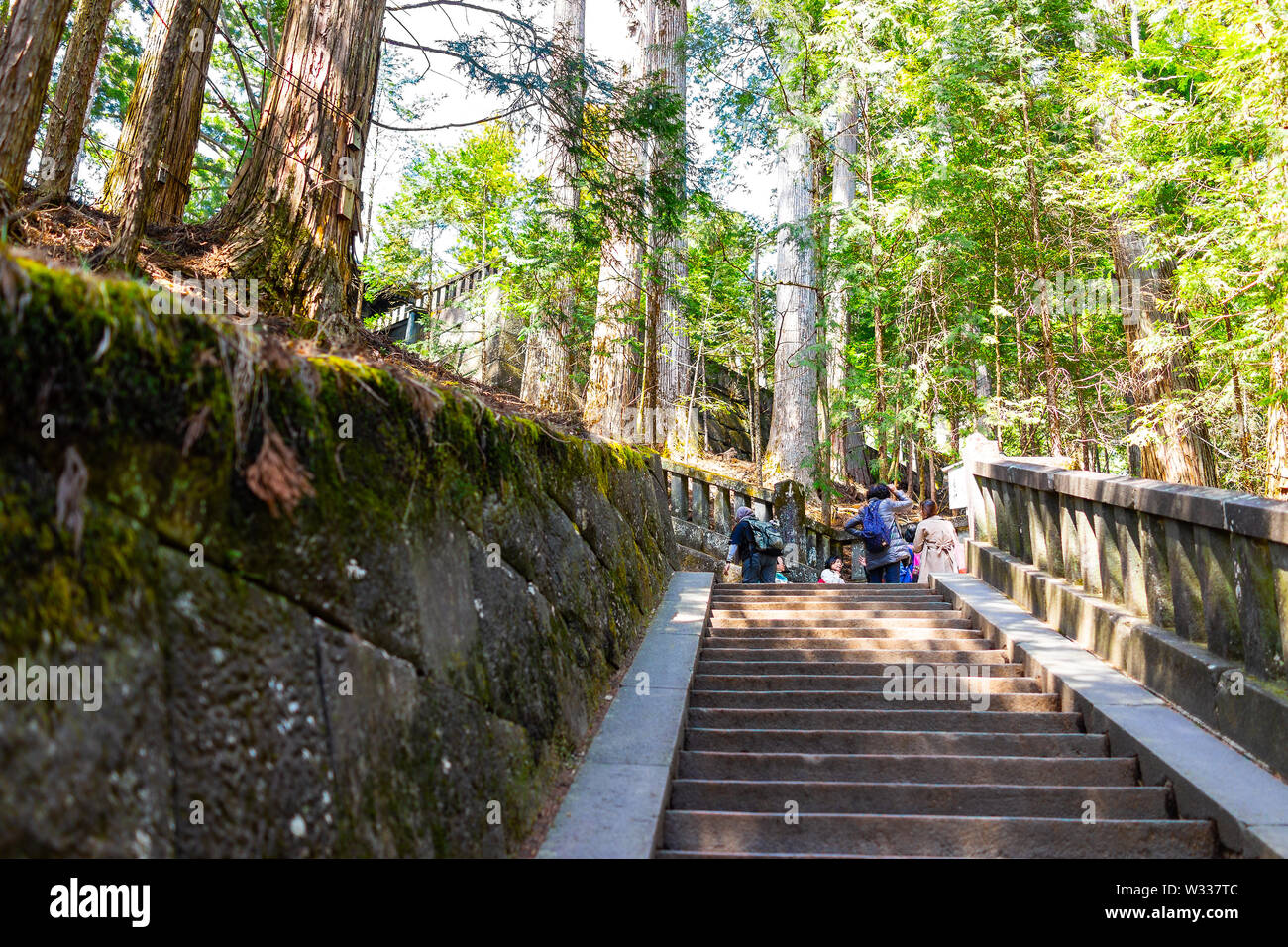 Nikko, Giappone - Aprile 4, 2019: Guardando la vista sulla turisti gente camminare sui gradini di pietra scale nella Prefettura di Tochigi in cedro di montagna leader della foresta Foto Stock