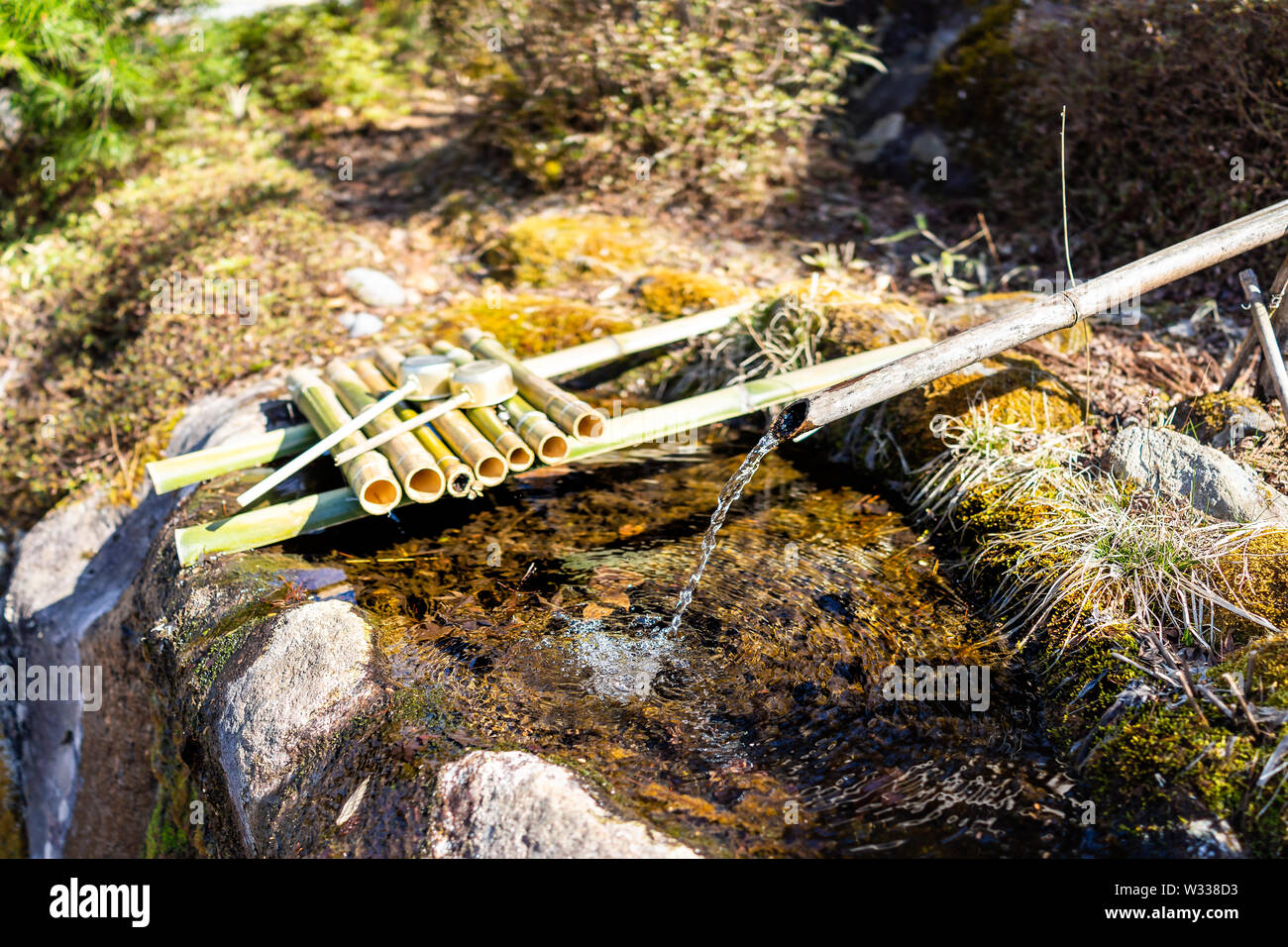 Fontana di purificazione in Nikko, Giappone con tubi di bambù, acqua in esecuzione dalla siviera e bacino di roccia nel santuario giapponese il giardino del tempio Foto Stock