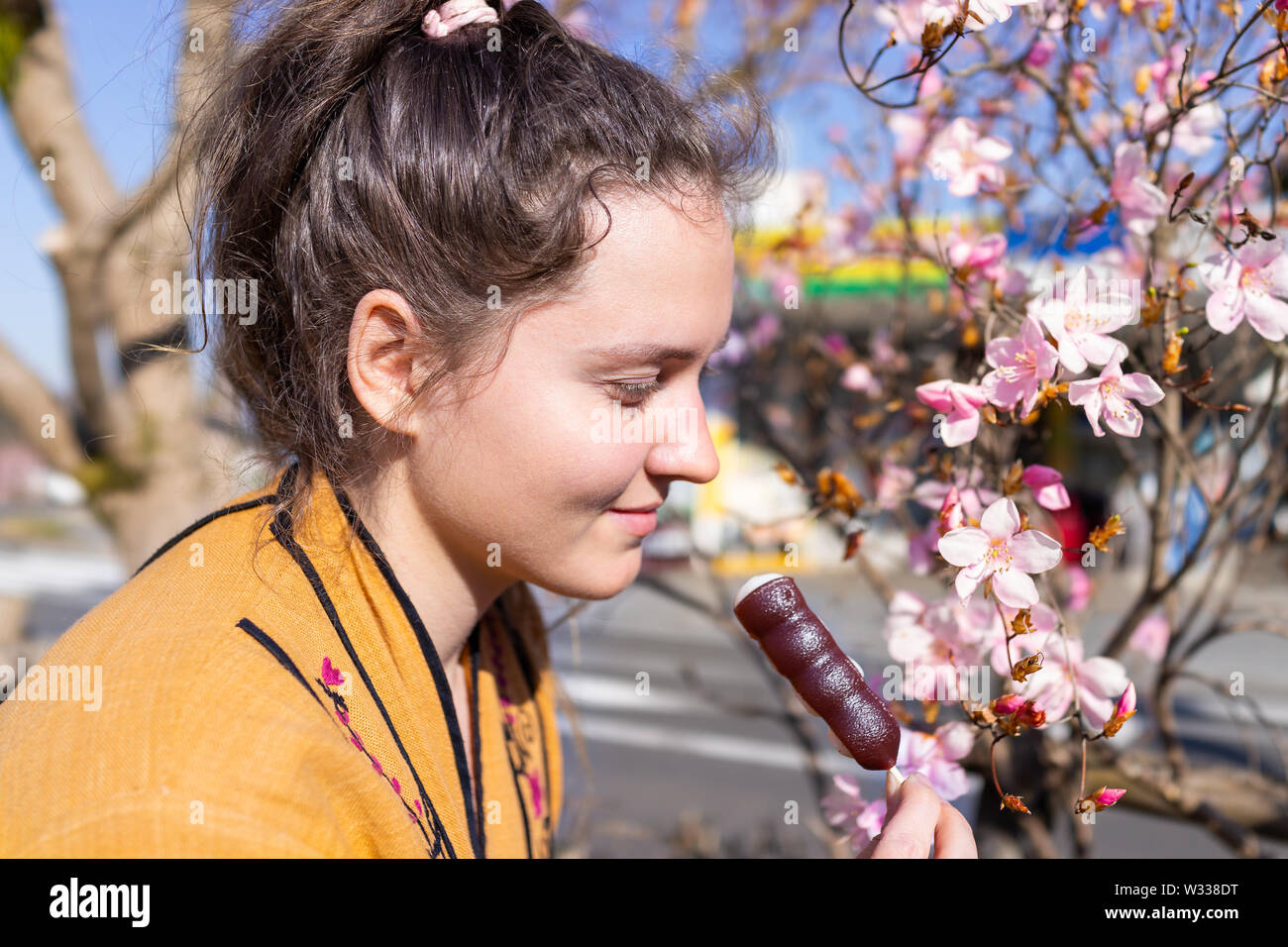 Rosa fiori di ciliegio o susino petali di fiori in primavera a Nikko, Giappone con giovani sorridenti donna tenendo in mano adzuki dango dolce giapponese Foto Stock